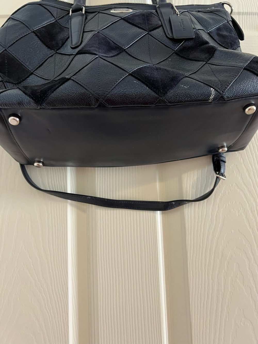 Stunning RARE Coach Morgan Diamond Patchwork Leather & Suede Satchel Bag Navy - Picture 6 of 16